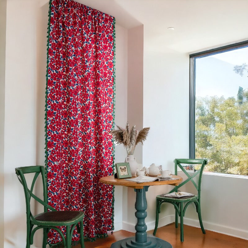 Elodie Red Floral Blackout Custom Curtains with Tassels - Perfect for Bedroom & Living Room Window Treatments