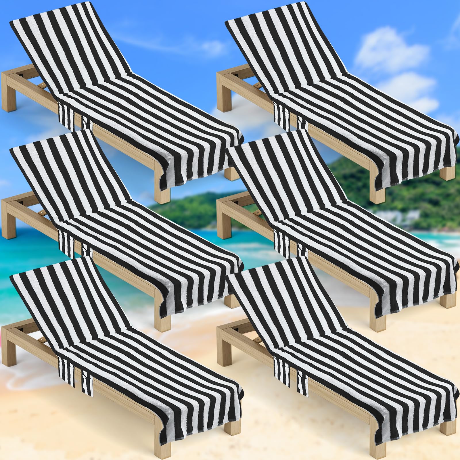 6 Pack Black Striped Pool Lounge Chair Covers 30x85 Inch - Waterproof Chaise Cushion Covers with Storage Pockets for Outdoor Patio, Beach, Poolside Furniture - Summer Sun Protection Accessories
