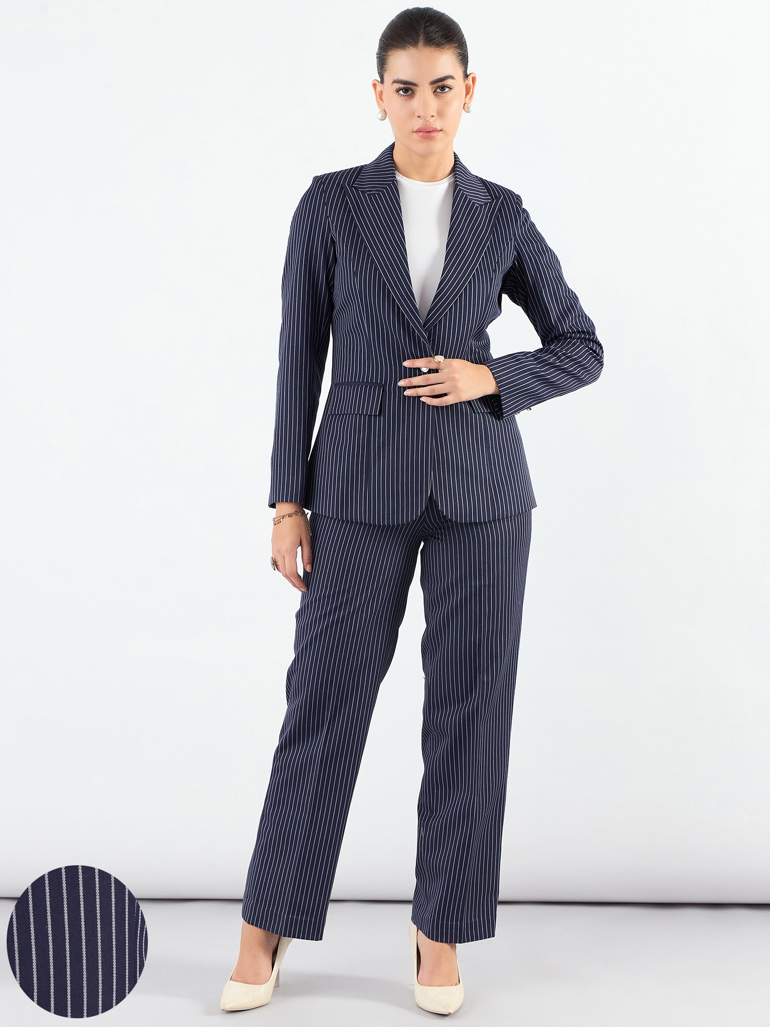 Stylish Blue Striped Asymmetric Blazer with Tailored Elastic Waist Pants - Perfect for Office Wear, Business Meetings & Formal Occasions