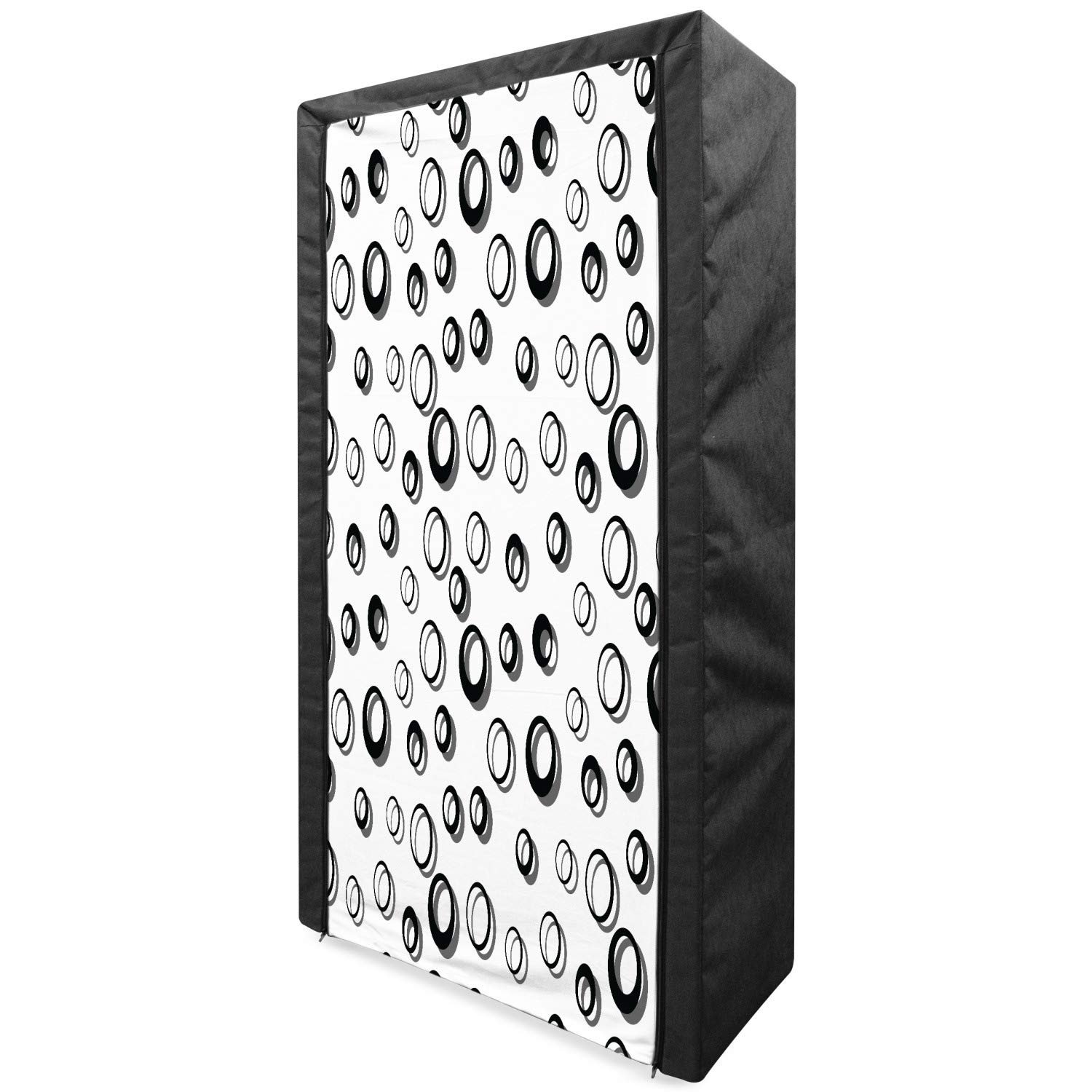 Ambesonne Geometric Circle Portable Fabric Wardrobe - Abstract Round Pattern Minimalist Design Clothing Organizer with Shelves, 33.5 Inch Black White - Perfect for Bedroom, Closet & Dorm Storage Solutions