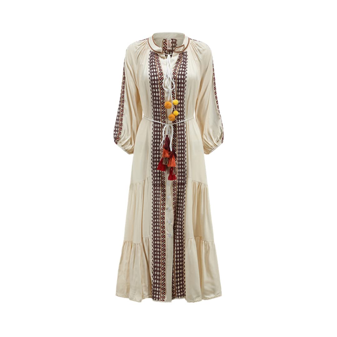 Women's Bohemian Embroidered Maxi Skirt - Flowy Plus Size Long Summer Dress for Beach, Travel & Casual Wear | Retro Ethnic Style