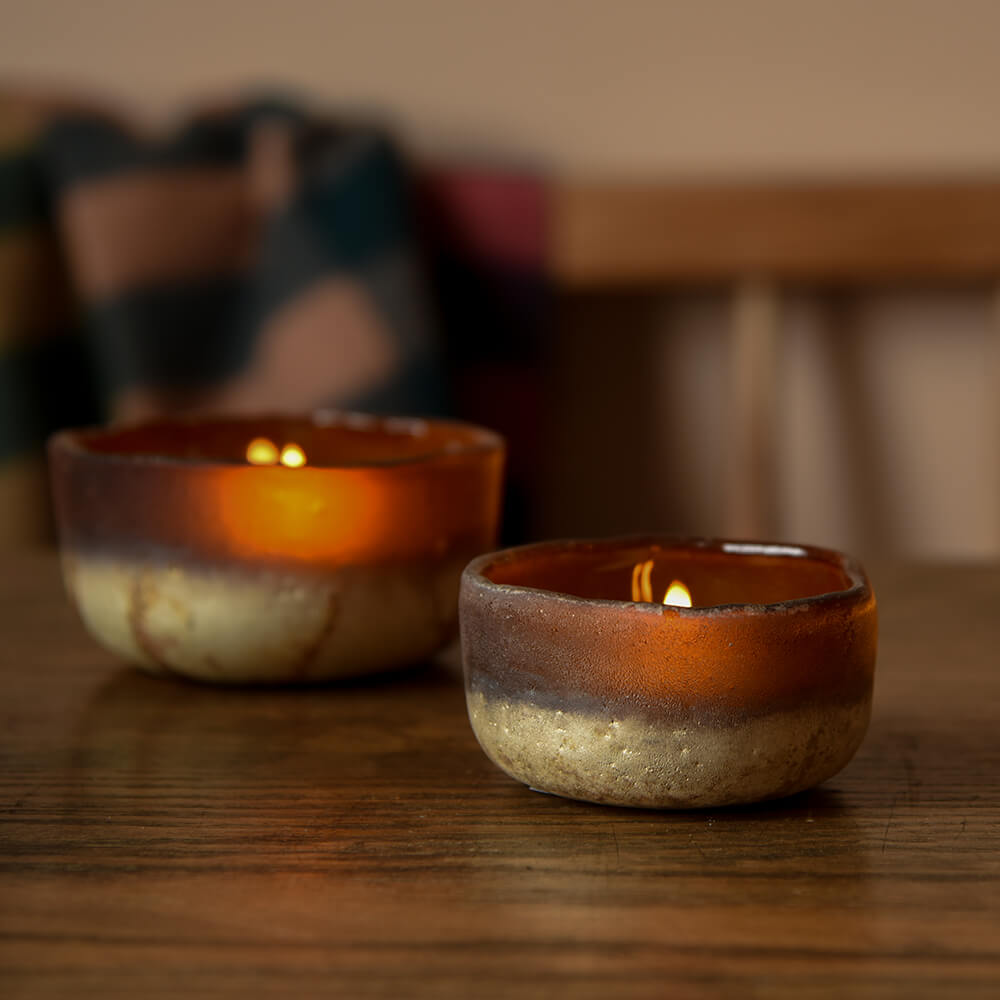 Dark Amber Janka Glass Tealight Holder Set of 2 - Elegant Candle Holders for Romantic Dinners, Spa Nights & Home Decor