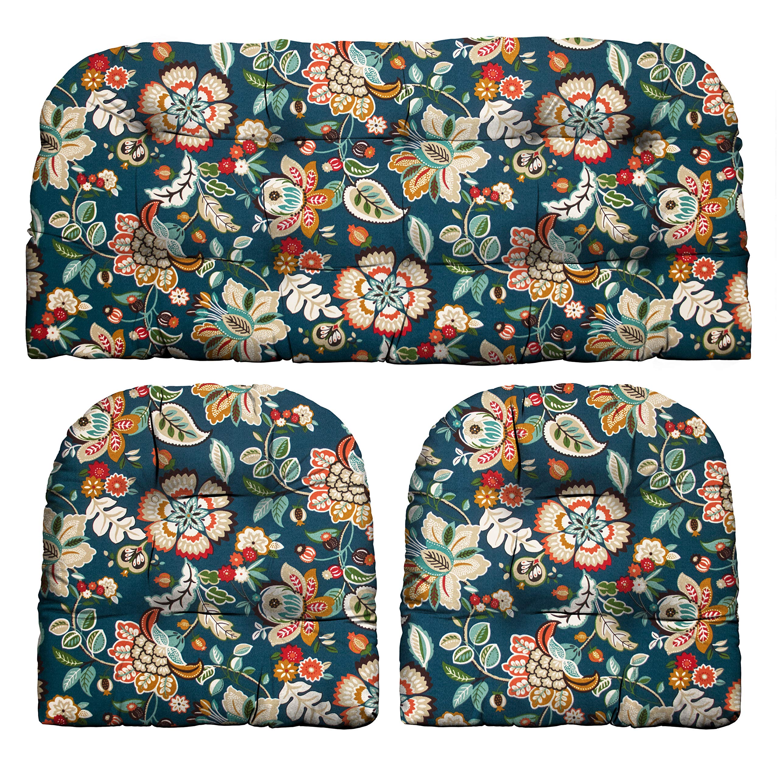 3-Piece Wicker Cushion Set - Telfair Peacock Blue, Green, Brown, Rust & Ivory Floral Scroll Pattern Indoor/Outdoor Furniture Cushions for Loveseat & 2 Chairs | Perfect for Patio, Sunroom & Garden Seating