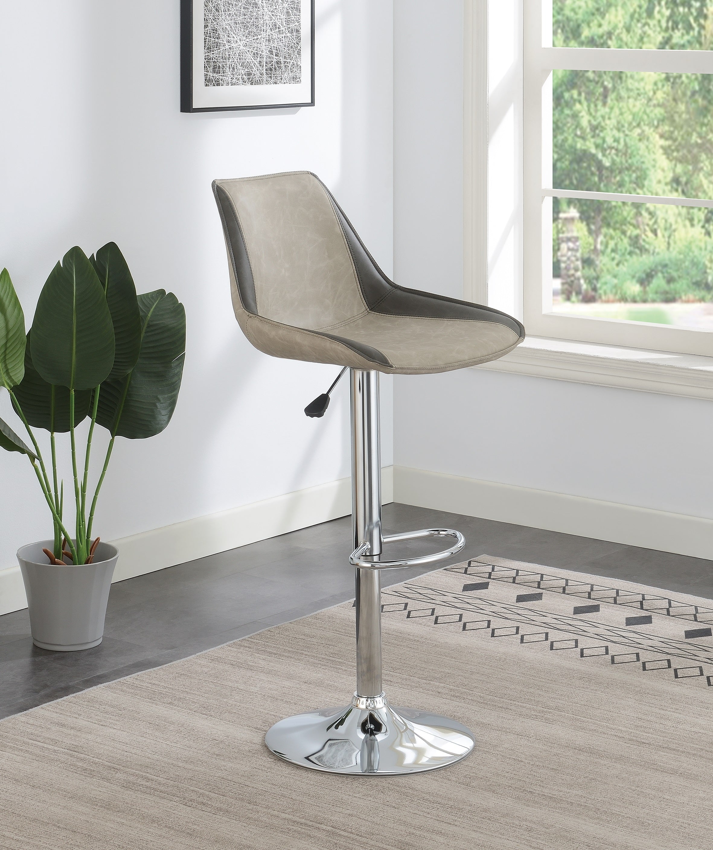 Modern Adjustable Bar Stool Set of 2 - Light Grey Waxed PU Leather with Chrome Base - Counter Height Kitchen & Dining Chairs for Breakfast Bar, Island, or Pub Table