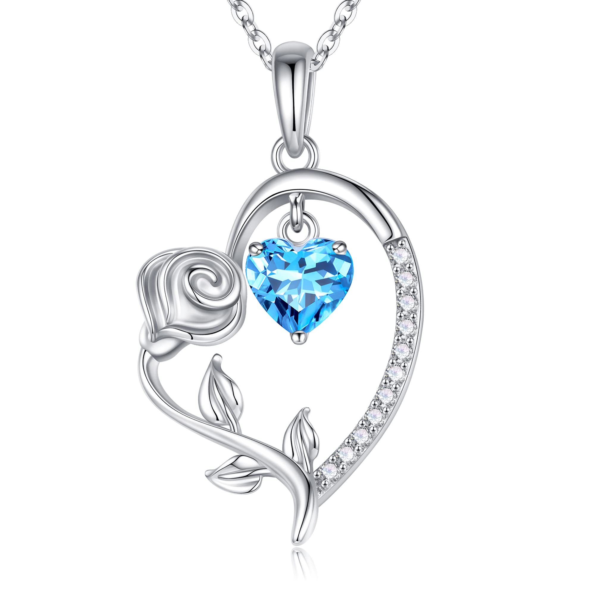 925 Sterling Silver Rose Flower Heart Birthstone Necklace for Women - Personalized Valentine's Day, Mother's Day, Anniversary & Birthday Gift for Her | Perfect for Teens, Girls & Mom | Elegant Jewelry for Special Occasions & Everyday Wear