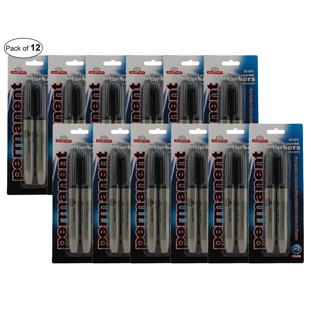 Synergy Office Permanent Markers - Black Ink, 2-Pack (12 Markers Total) - Ideal for Labeling, Organizing & DIY Projects