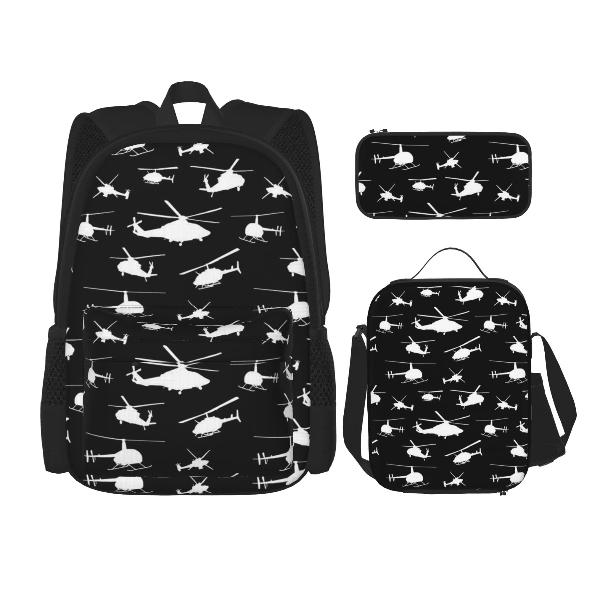 SWEET TANG 3-Piece Backpack Set for Boys & Teens - Helicopter Black (School Bag + Lunch Box + Pencil Case) | Durable Bookbag for College, Work, Gym, Hiking, Fishing & Travel Carry On