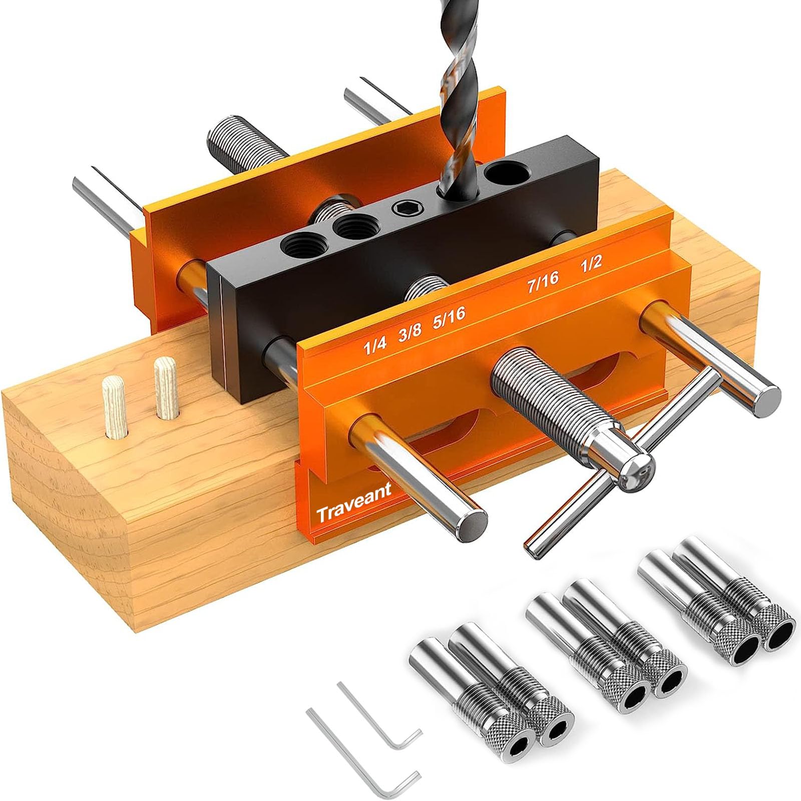 Self Centering Dowel Jig Kit - Adjustable Woodworking Drill Guide with Bushings Set | Precision Joinery Tool for Cabinet Making & Furniture Repair | Power Tool Accessories for DIY Projects & Professional Woodworkers (Orange, XL)
