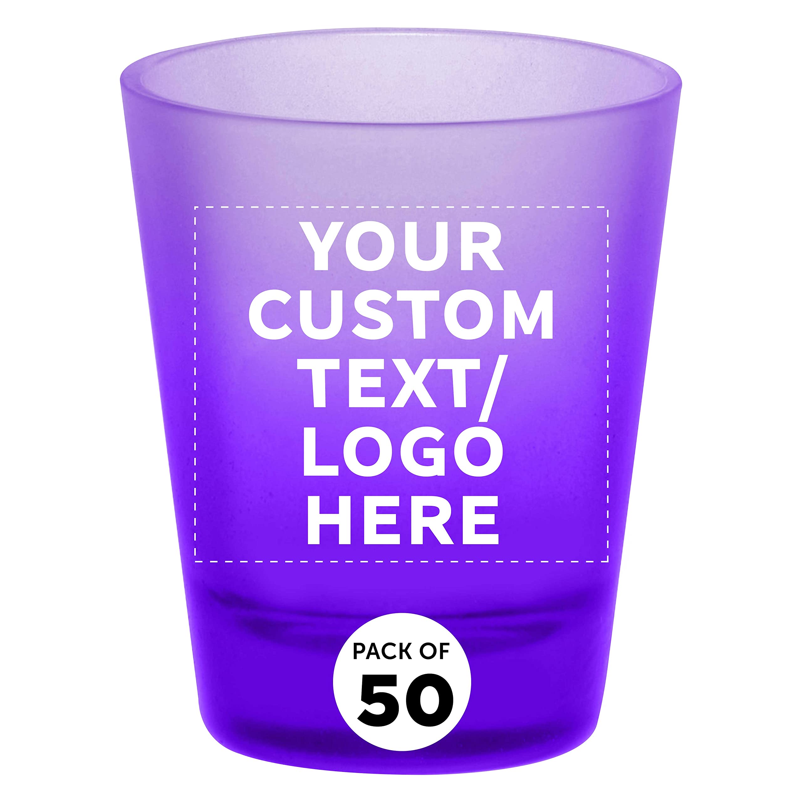 Custom Personalized Shot Glasses Set of 48 - 1.75 oz Frosted Glass Bulk Pack for Weddings, Birthdays, Parties & Events - Purple Barware for Indoor & Outdoor Celebrations, Bachelor Parties & Tailgating