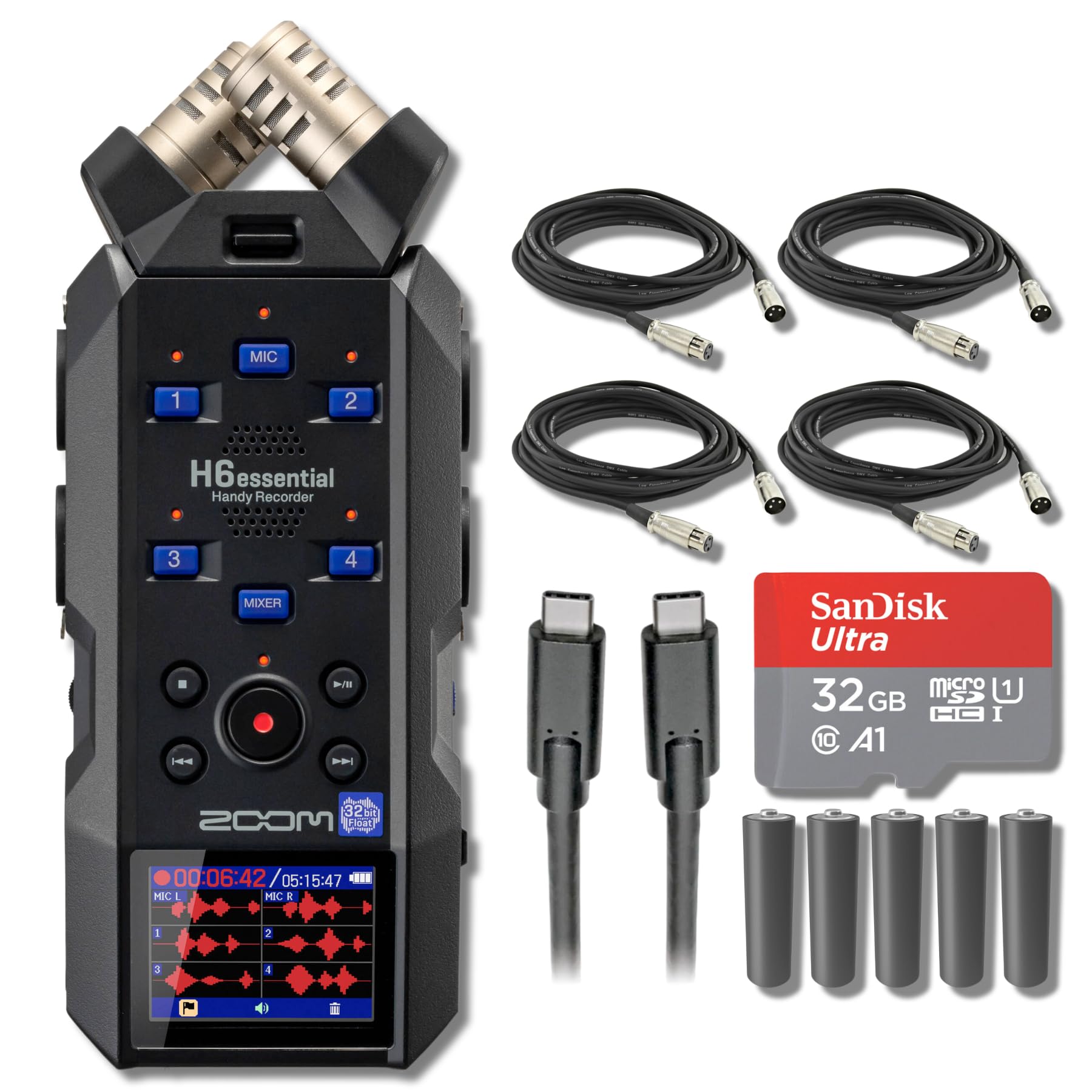 Zoom H6 Essential 6-Track 32-bit Float Portable Audio Recorder with 32GB microSD Card, USB-C Cable, XLR Cables & Batteries - Perfect for Podcasting, Field Recording & Music Production