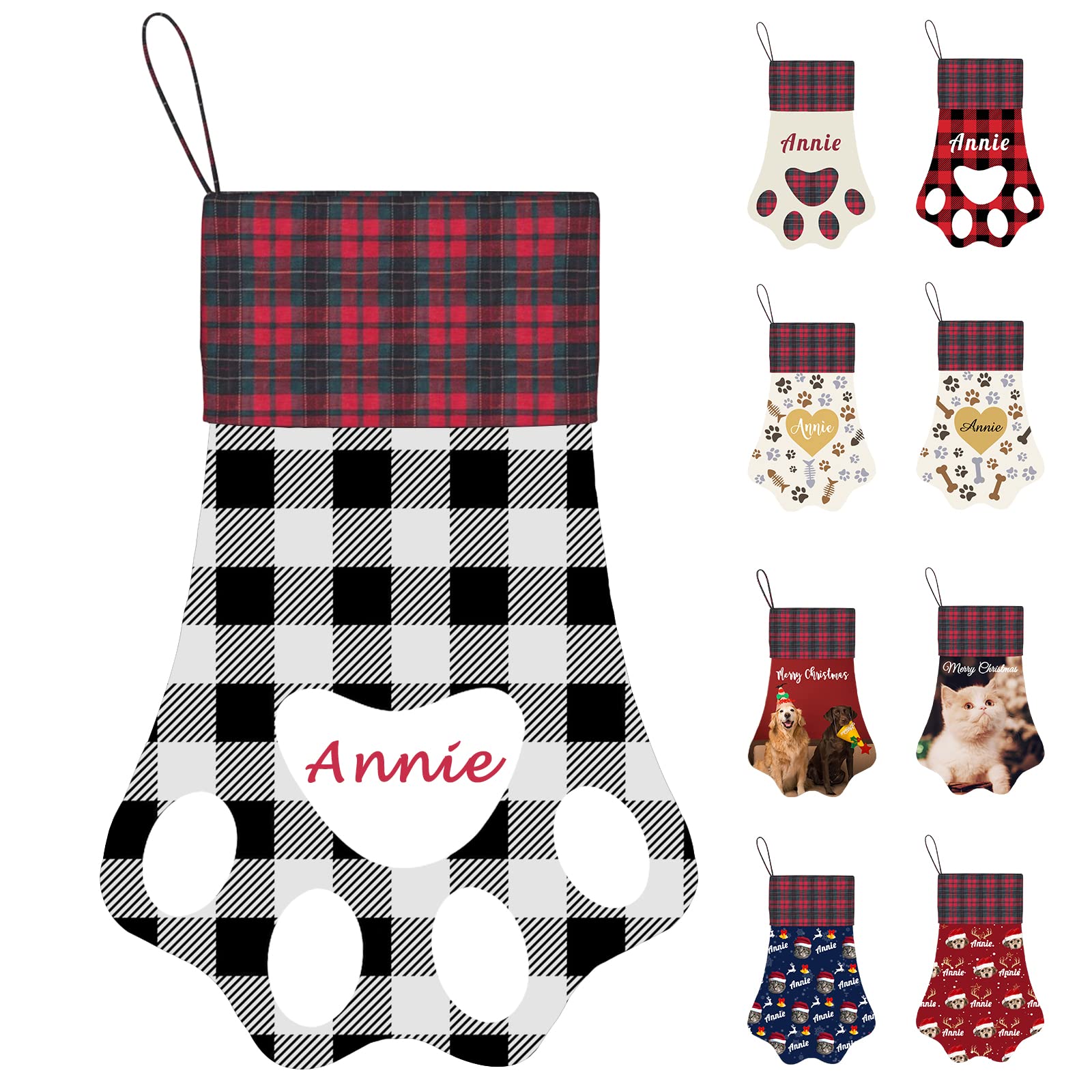 **Custom Personalized Christmas Stockings for Dogs & Cats - Large 17 Inch Paw Shape Pet Stocking with Name & Photo - Handmade Xmas Hanging Candy Bag for Holiday Decor & Gift Giving**
