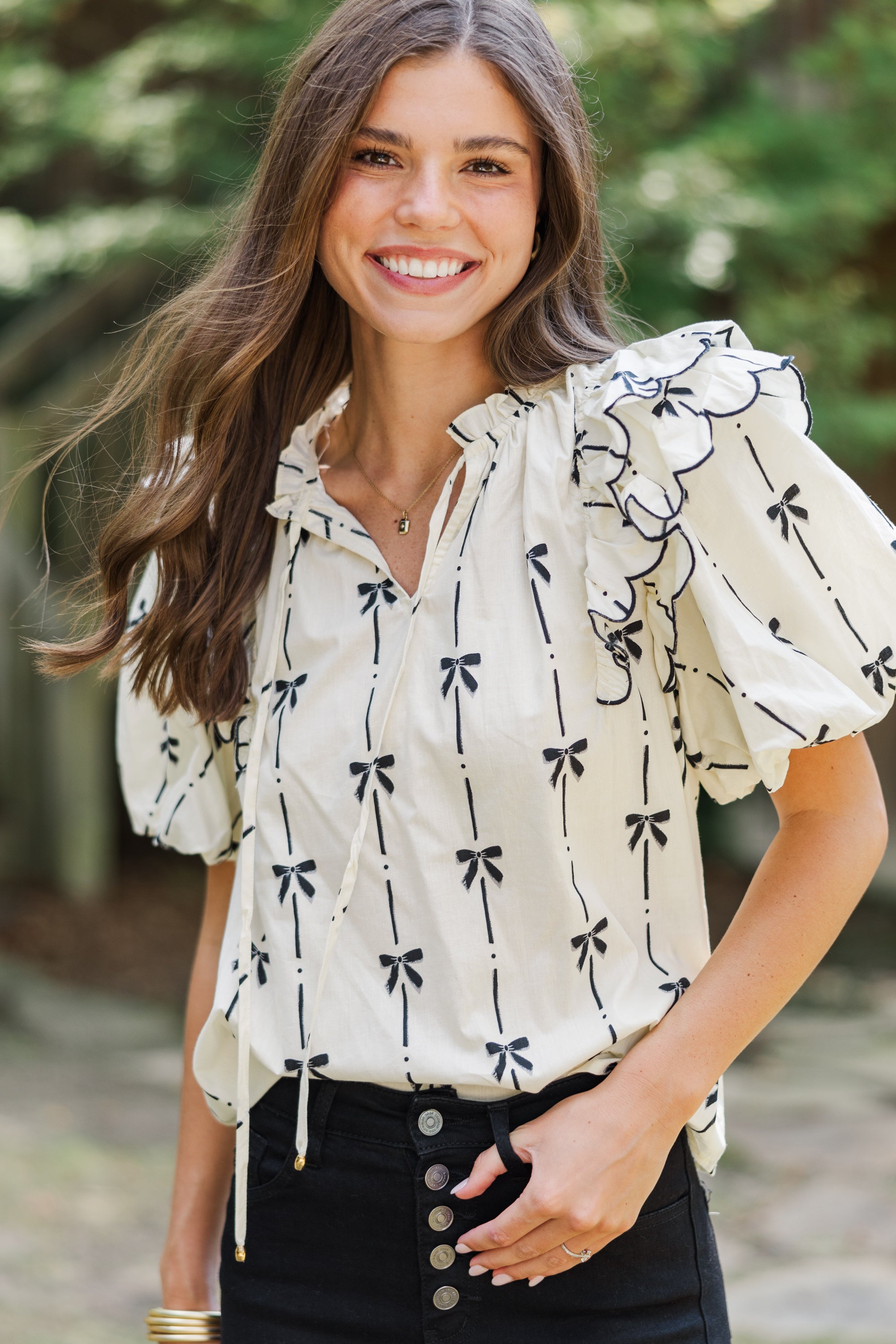 Forever In Love Natural Bow Printed Blouse - Elegant Women's Fashion Top for Office, Date Night & Special Occasions