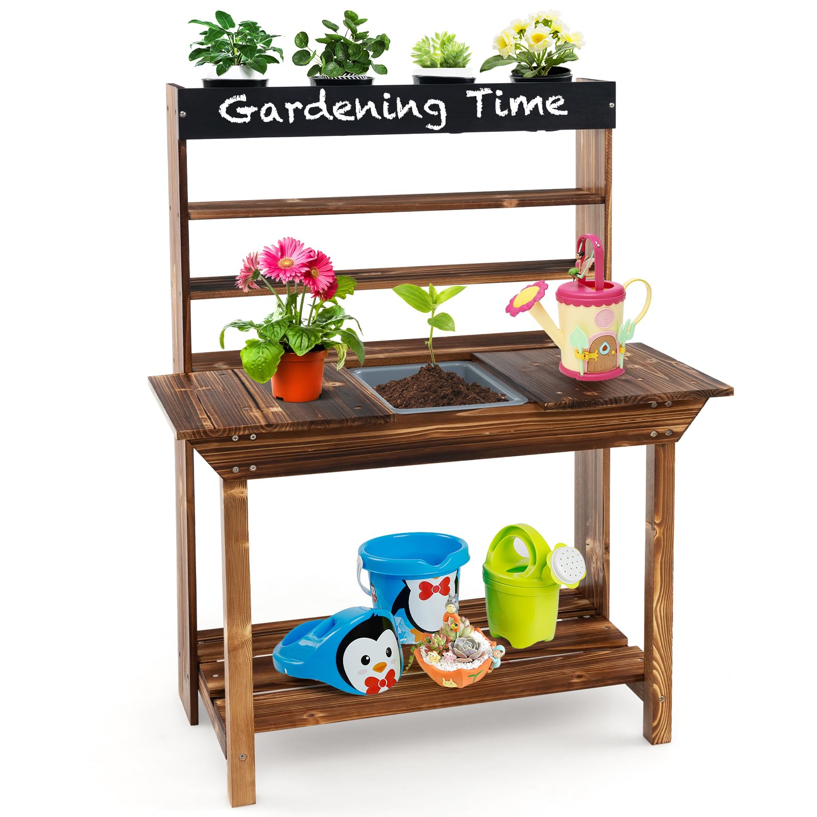 HONEY JOY Kids Mud Kitchen - Natural Fir Wood Outdoor Play Table with Removable Sink, 4 Planting Pots & Chalkboard - Toddler Pretend Play Garden Set for Backyard, Patio & Preschool Activities