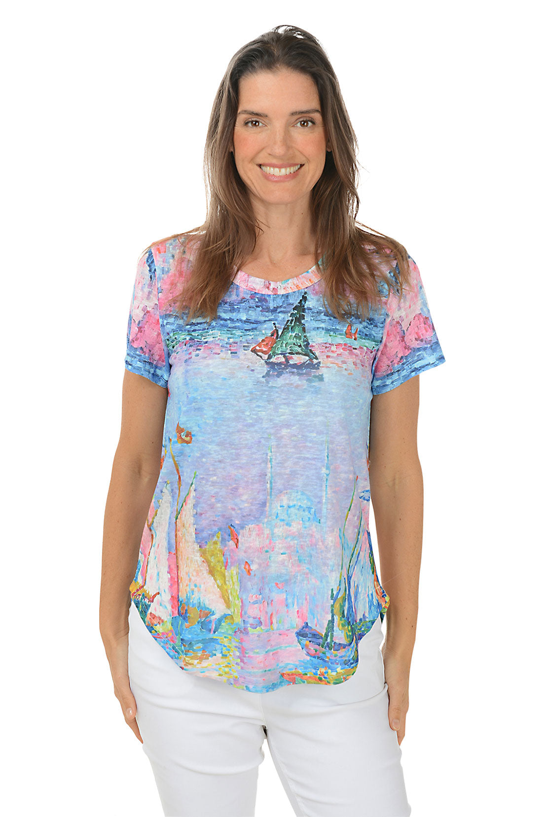 Sailboat Print Slub Knit Short Sleeve T-Shirt for Women - Casual Summer Beachwear & Vacation Outfit