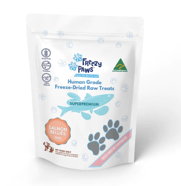 Freezy Paws Premium Freeze Dried Salmon Bellies Dog Treats - 100% Human Grade, Grain-Free, All-Natural Raw Dog Food Topper - Perfect for Training Rewards & Sensitive Stomachs (100g)