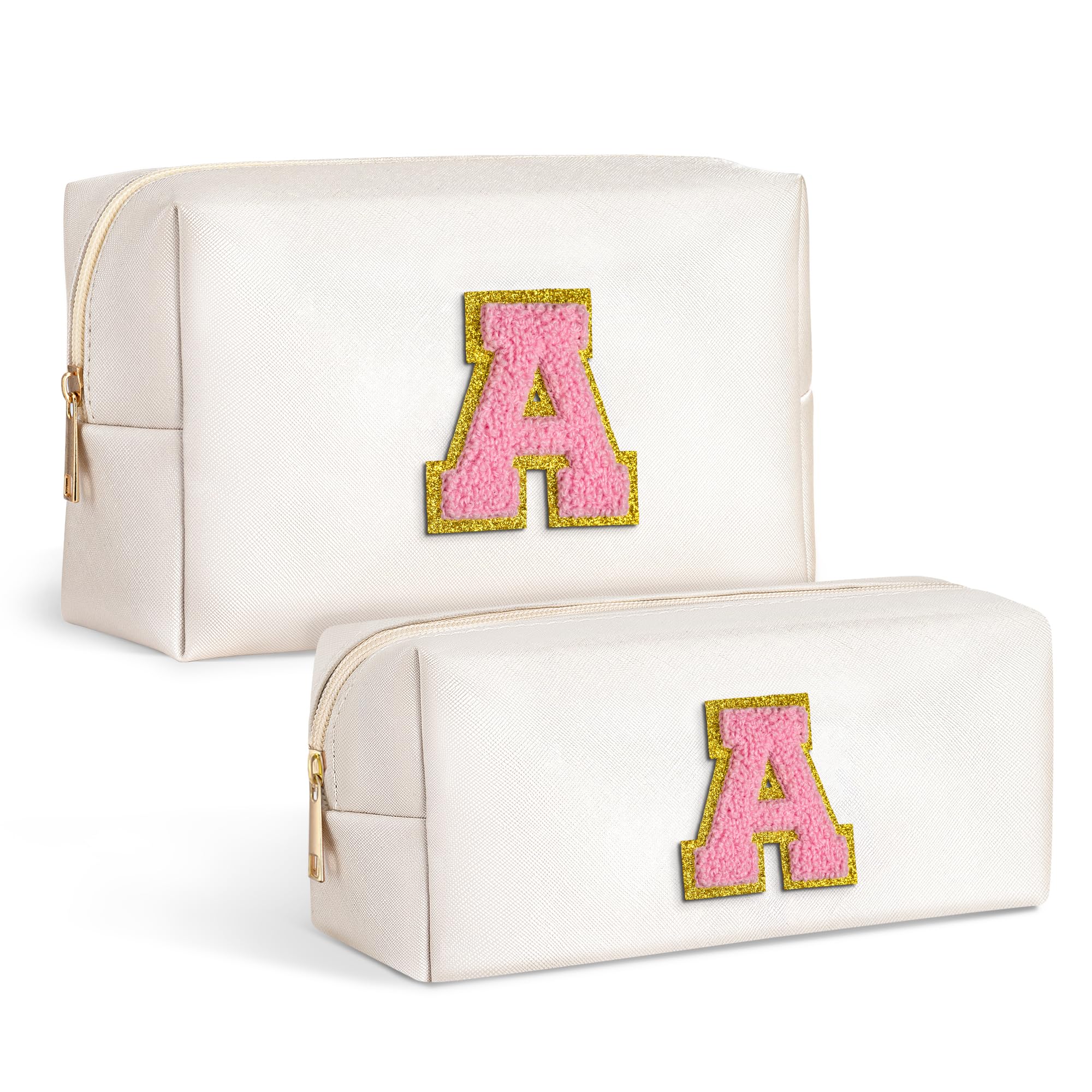 TOPEAST Personalized Travel Makeup Bag with Initials - PU Leather Waterproof Cosmetic Organizer Toiletry Bag with Chenille Letters - Perfect Gift for Women - Ideal for Travel, Gym & Daily Use (White A)