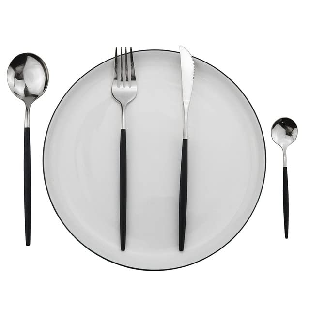 Premium 18/10 (304) Stainless Steel 4-Piece Gold Flatware Set - Knife, Fork & Spoon - Elegant Black Silver Cutlery for Fine Dining, Wedding Gifts & Luxury Table Settings