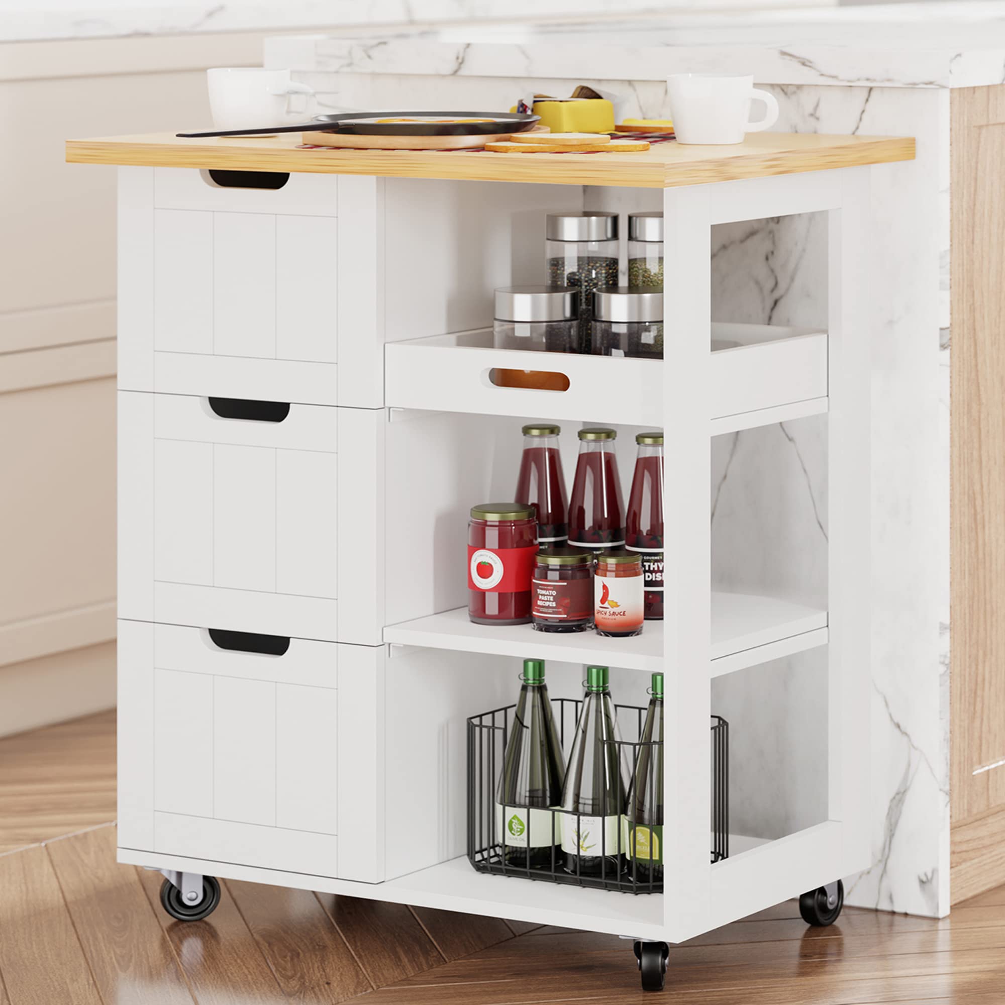 Shintenchi White Kitchen Island Cart with Storage - Rolling Kitchen Cabinet with 3 Open Shelves & 3 Drawers, Mobile Worktop Side Table for Kitchen & Dining Room | Perfect for Small Spaces, Meal Prep & Extra Counter Space