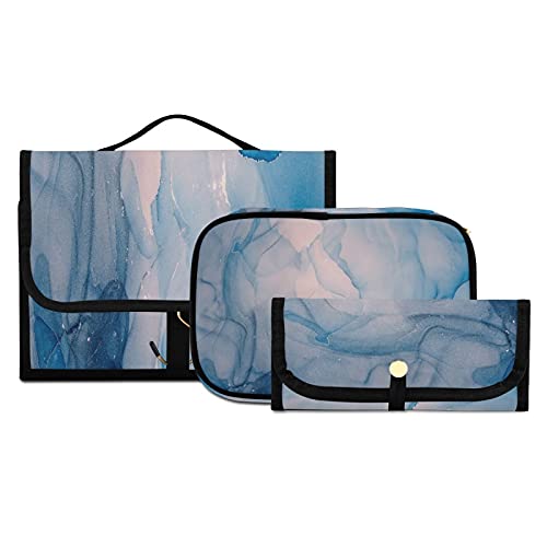 **MNSRUU Hanging Travel Toiletry Bag Set - 3 PCS Blue Marble Ink Fluid Art Design, Clear Portable Makeup Organizer for Women & Men | Perfect for Vacation, Gym, Camping & Business Trips**