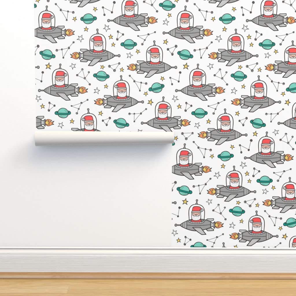 Premium Commercial Grade Christmas Santa Claus & Space Planets Wallpaper - 27ft x 2ft, White Holiday Traditional Peel & Stick Wallpaper for Living Room, Bedroom, Nursery Decor by Spoonflower