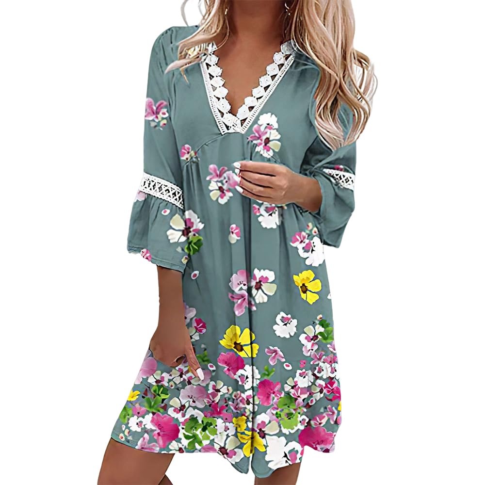 Boho Floral Printed Lace Dress for Women - Loose V Neck 3/4 Sleeve Mini Beach Dress | Spring Summer Casual Dresses 2025 | Perfect for Vacations, Weddings & Outdoor Parties