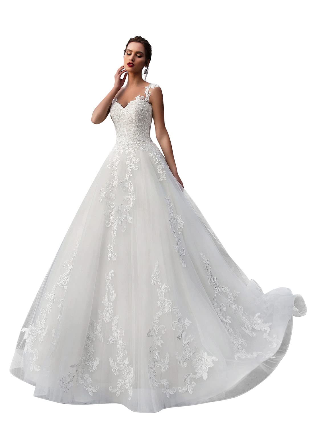 SYYS Lace Appliqued Off Shoulder Wedding Dress for Bride 2022 | Beach Wedding Bridal Gown | A-Line Tulle Gown with Floral Embroidery | Perfect for Beach, Garden & Destination Weddings