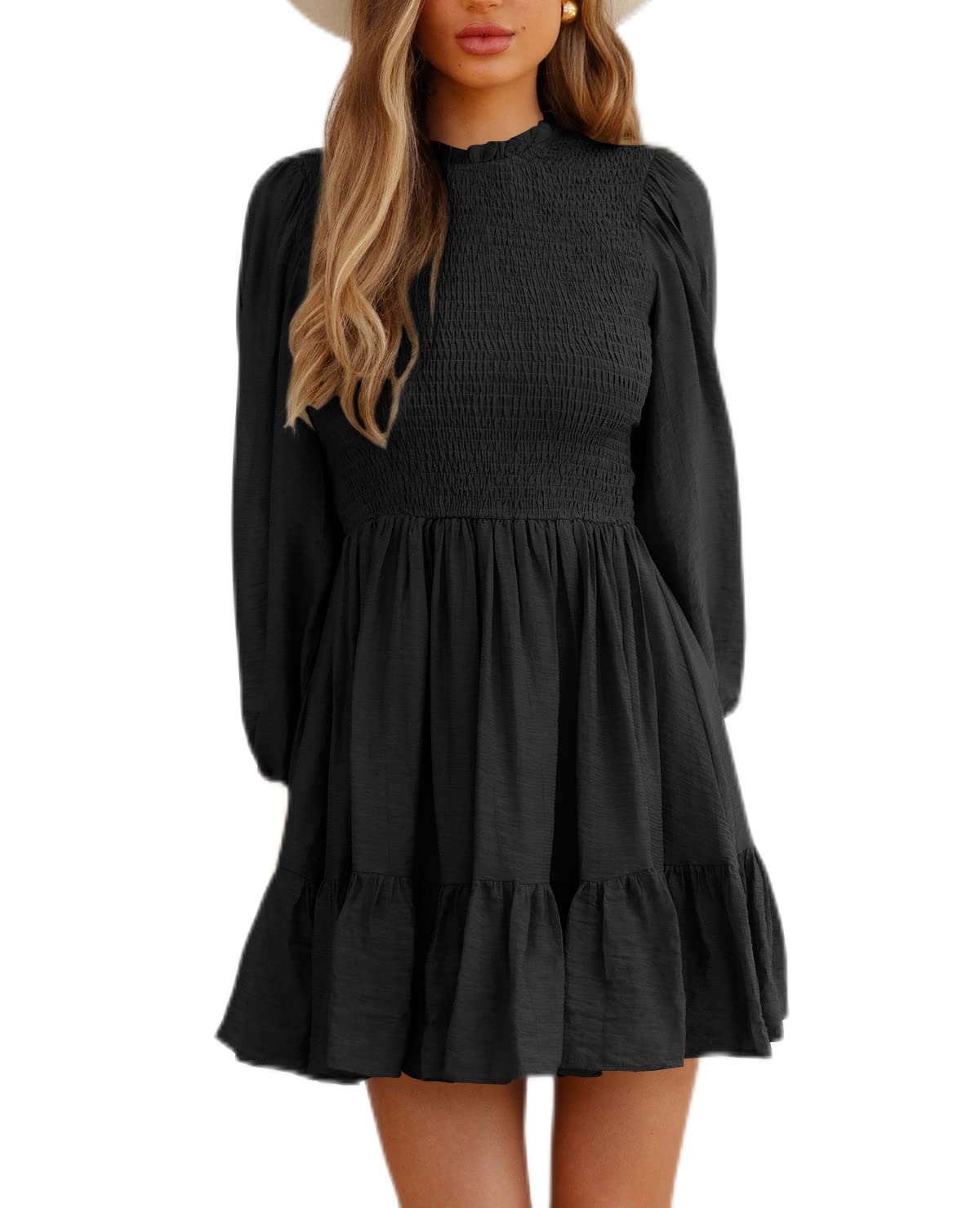 Melliflo Women's Lantern Sleeve Smocked Mini Dress with Back Zipper & Pleated Ruffles - Solid Color Casual Preppy Dress for Summer Outings, Date Nights & Office Wear