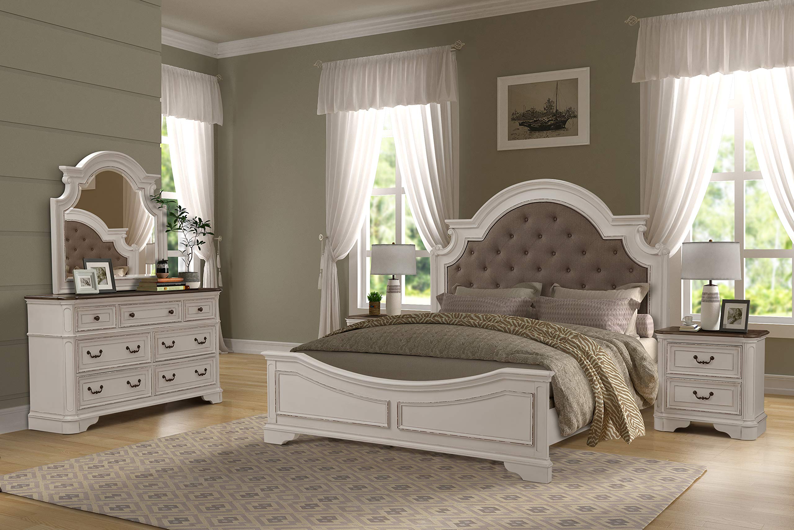 Roundhill Furniture Laval Wood Bedroom Set - Upholstered King Bed, Dresser, Mirror & 2 Nightstands in Antique White & Oak | Complete Luxury Bedroom Suite for Master Bedroom Decor