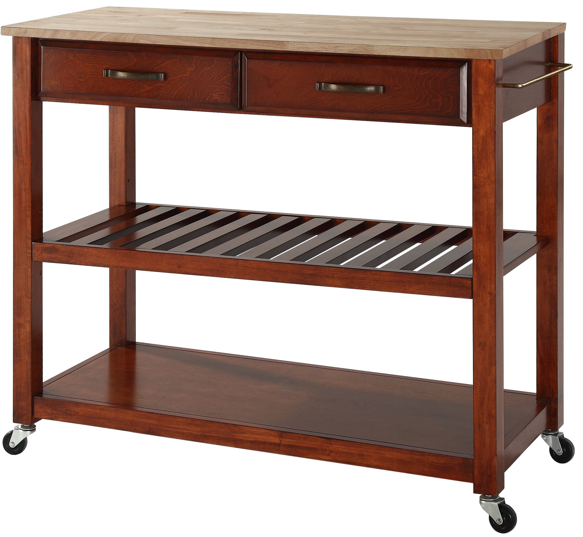 Crosley Wood Top Kitchen Prep Rolling Cart with Shelves & Drawers - Microwave Stand, Coffee Bar Station - Cherry Finish for Small Spaces & Apartment Living