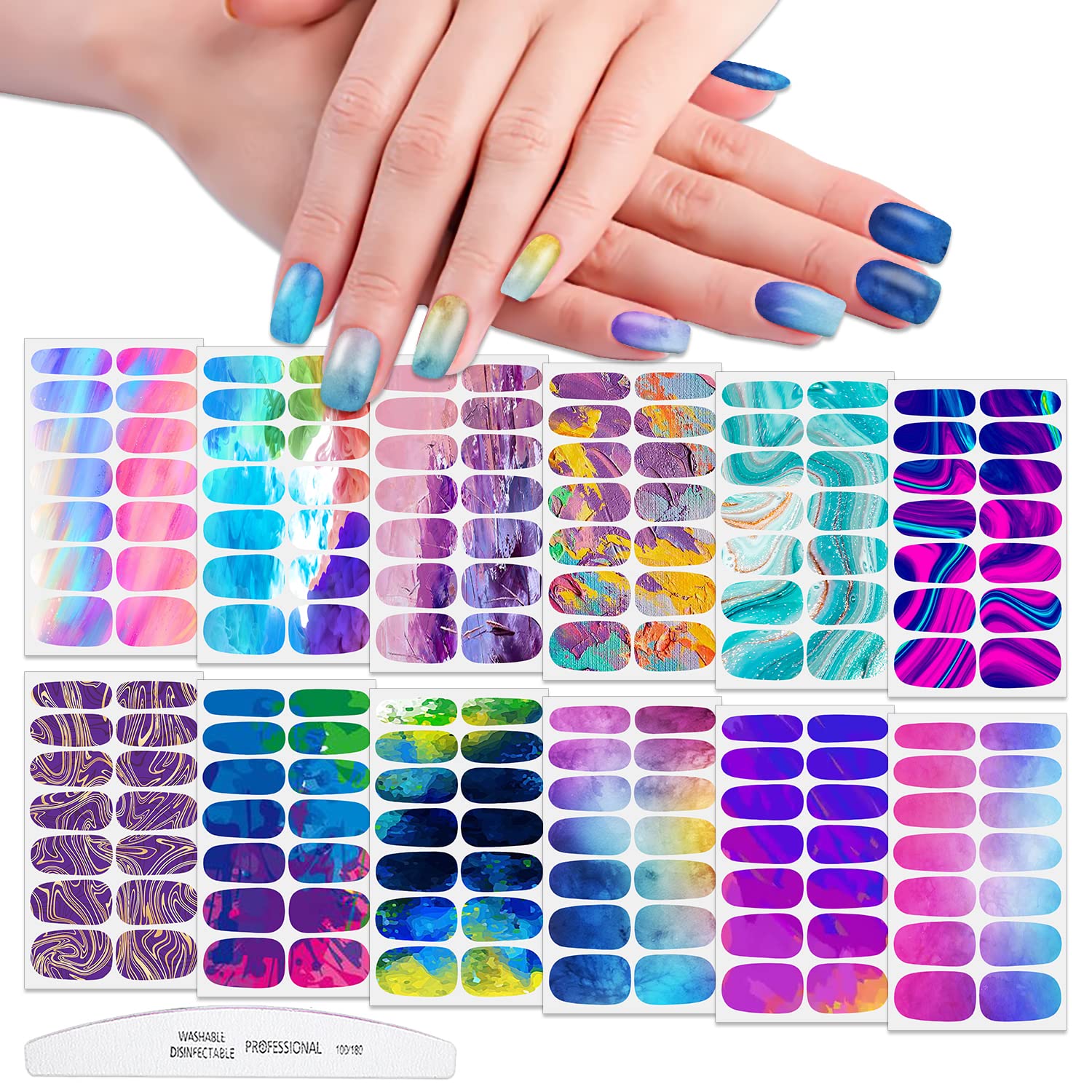 WOKOTO 12 Sheets Blooming Gradient Nail Polish Strips | Waterproof Nail Art Wraps & Colorful Marble Gel Nail Stickers for Women & Girls | DIY Manicure at Home, Parties & Special Occasions