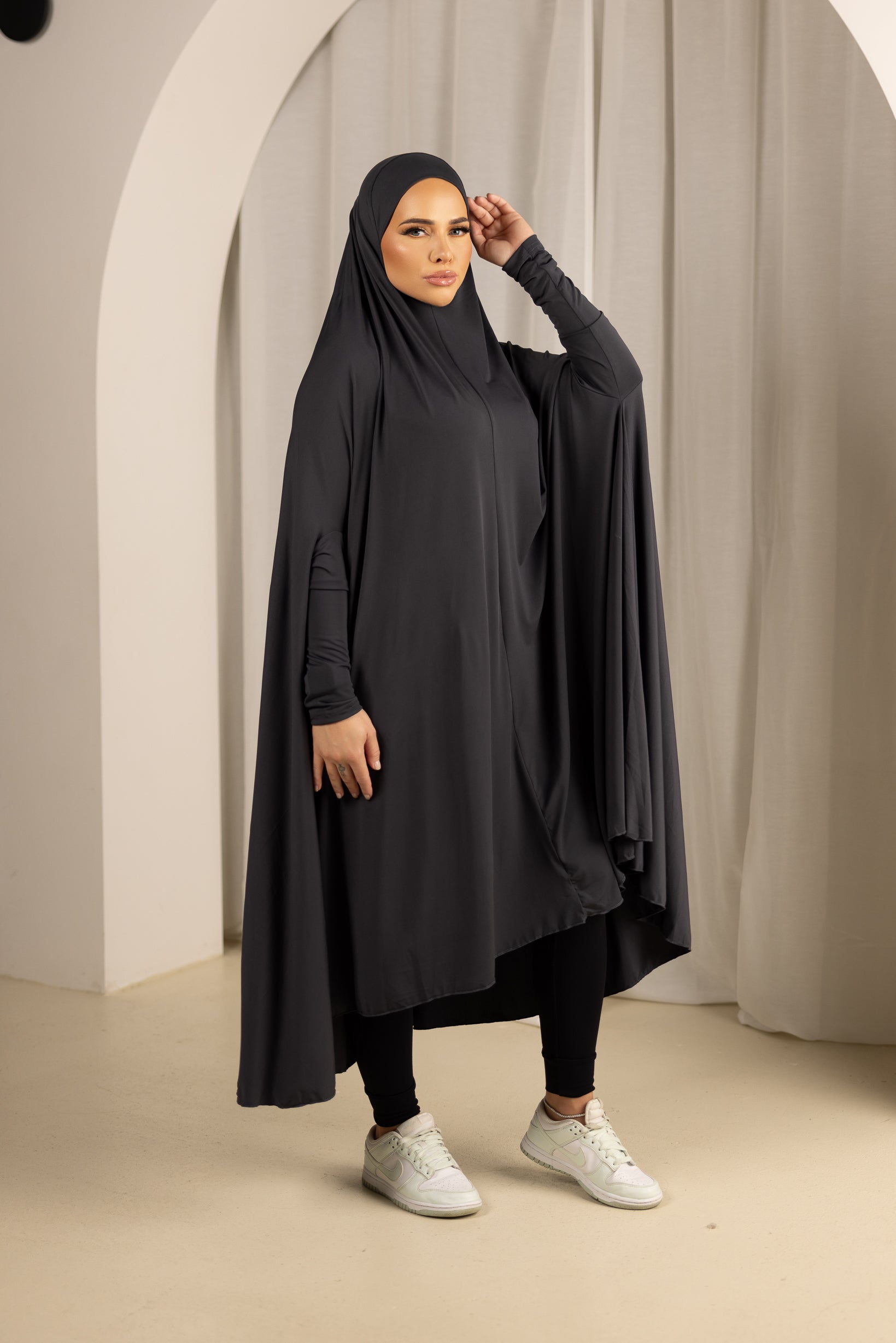 Modest Sleeve Jilbab with Cap in Elegant Black Shades - Perfect for Prayer, Travel & Everyday Wear