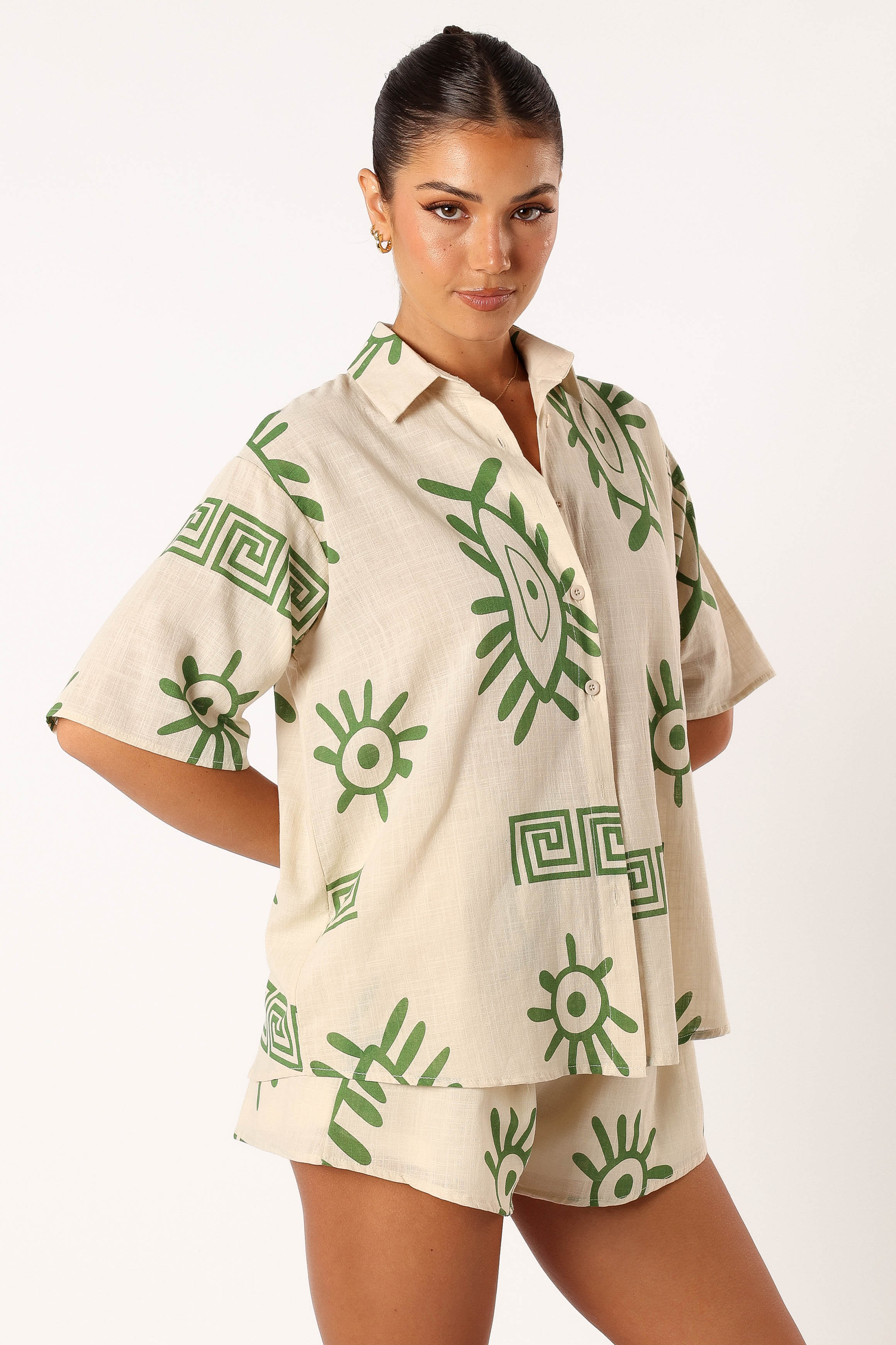 Baci Women's Short Sleeve Top and Shorts Set - Beige & Green Outfit for Summer, Beach, Vacation, and Casual Wear