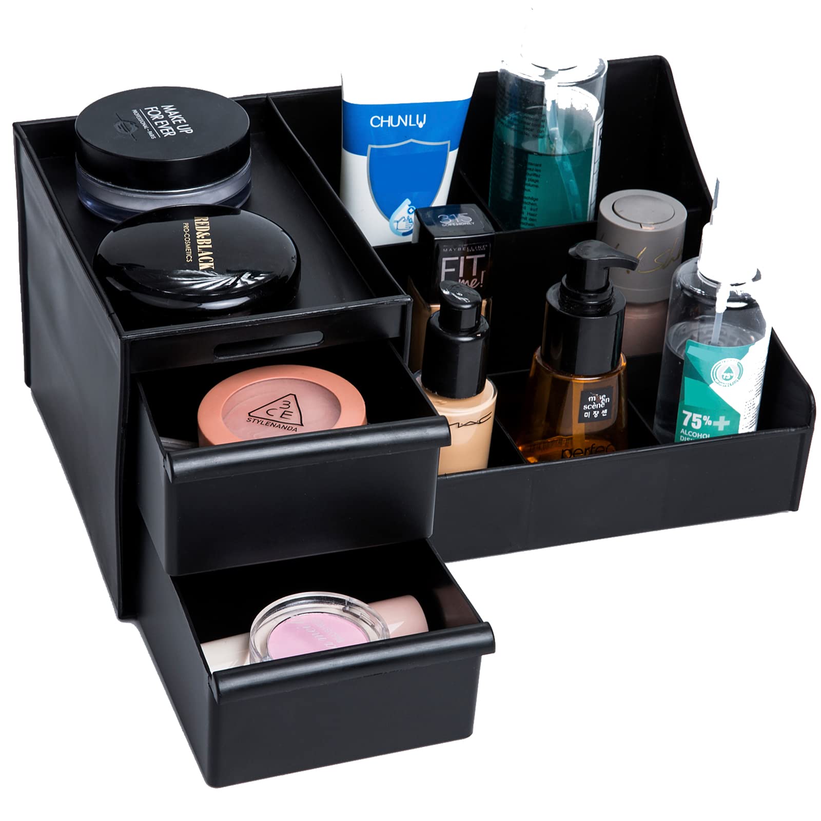 Black Makeup Desk Organizer with Drawers - Skin Care & Cosmetic Storage for Lipstick, Brushes, Eyeshadow & Jewelry | Vanity Brush Holder & Countertop Organizer for Bedroom, Bathroom & Dressing Table