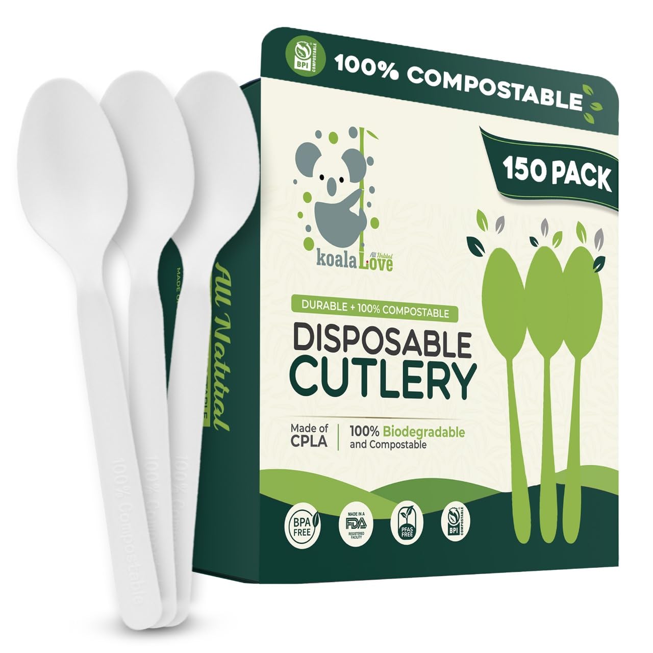 Eco-Friendly 7-Inch Biodegradable Spoons - Pack of 150 | 100% Compostable Disposable Utensils | Durable & Heat Resistant Alternative to Plastic Spoons | Includes Convenient Tray | Perfect for Parties, Picnics & Outdoor Events | By KoalaLove