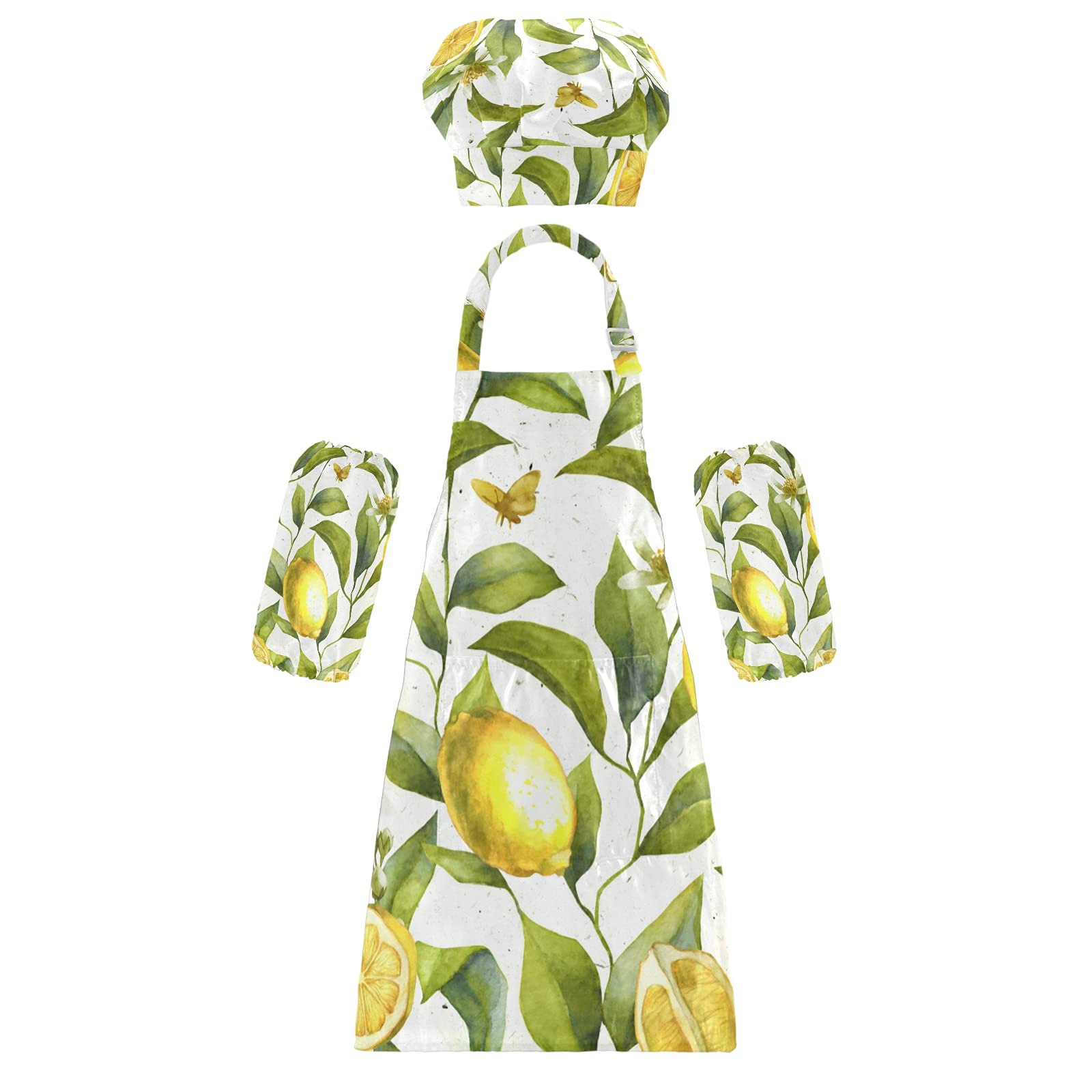 Kids Chef Apron Set with Lemon Floral Design - Adjustable Kitchen Bib Apron & Hat for Boys and Girls - Perfect for Cooking, Baking, and Pretend Play