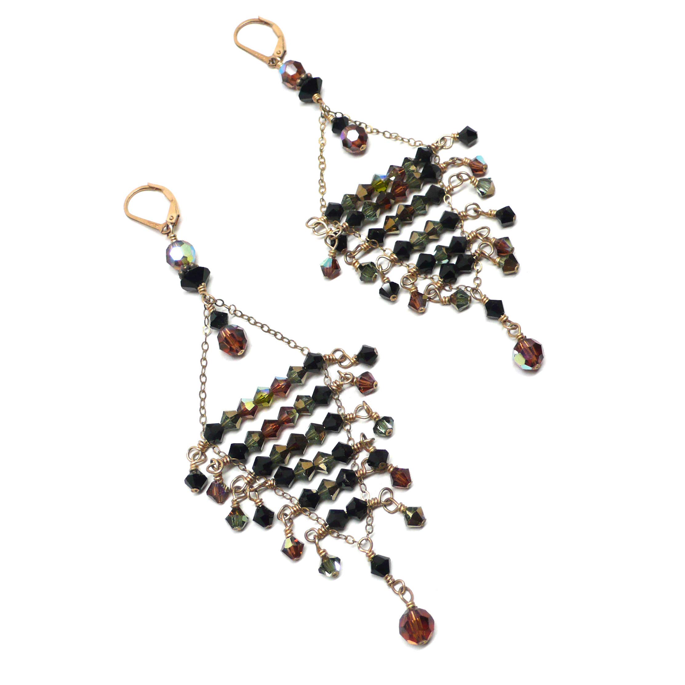 Brown Black Olivine Crystal Open Weave Triangle Statement Earrings - Gold-Filled Handmade Bohemian Jewelry for Women - Perfect for Parties, Weddings & Special Occasions