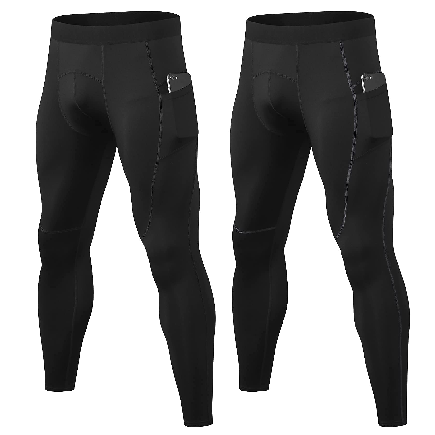 LANBAOSI Men's Compression Pants with Pockets - 2 Pack Workout Leggings, Running Tights for Gym & Sports - Moisture Wicking, Breathable Athletic Base Layer for Training, Jogging & Outdoor Activities