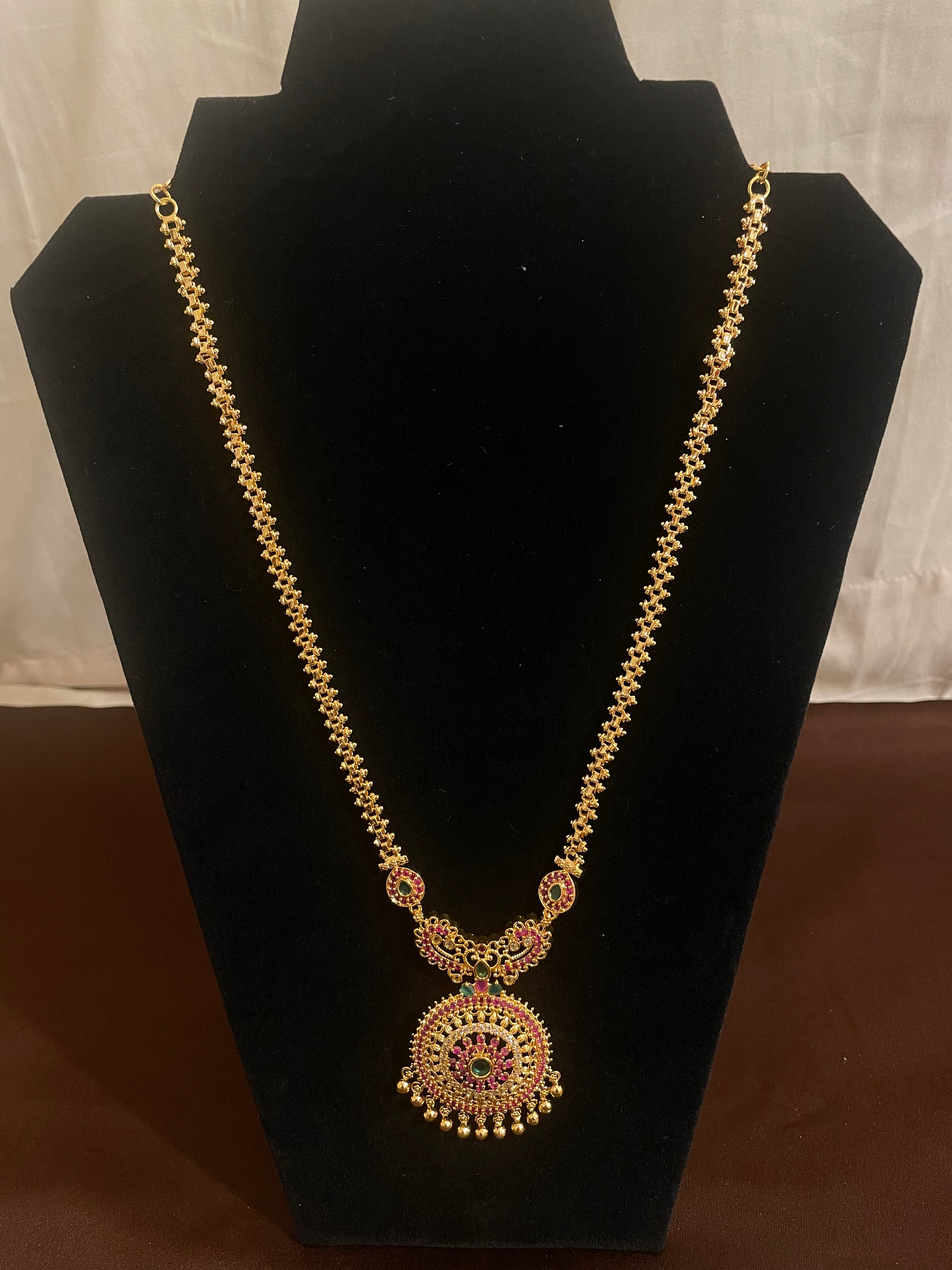 Elegant Pink & Green Stone Gold Plated Necklace for Women - Perfect for Parties, Weddings & Special Occasions