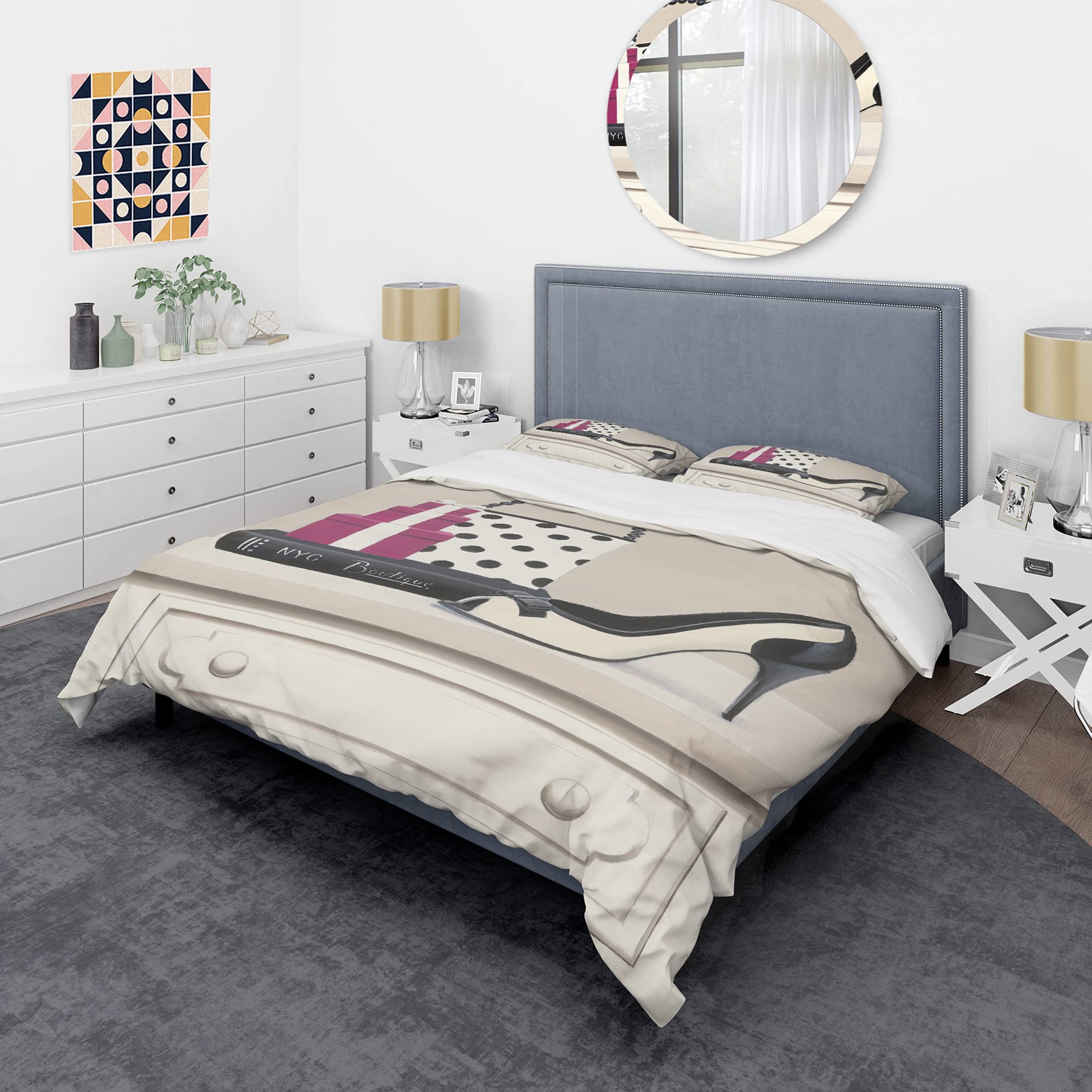 DesignQ Fashion Stiletto & Polka Dot Duvet Cover Set - Queen Size Beige Bedding, 3-Piece Traditional Style for All Seasons | Perfect for Home Decor, Guest Rooms & Cozy Bedroom Makeovers