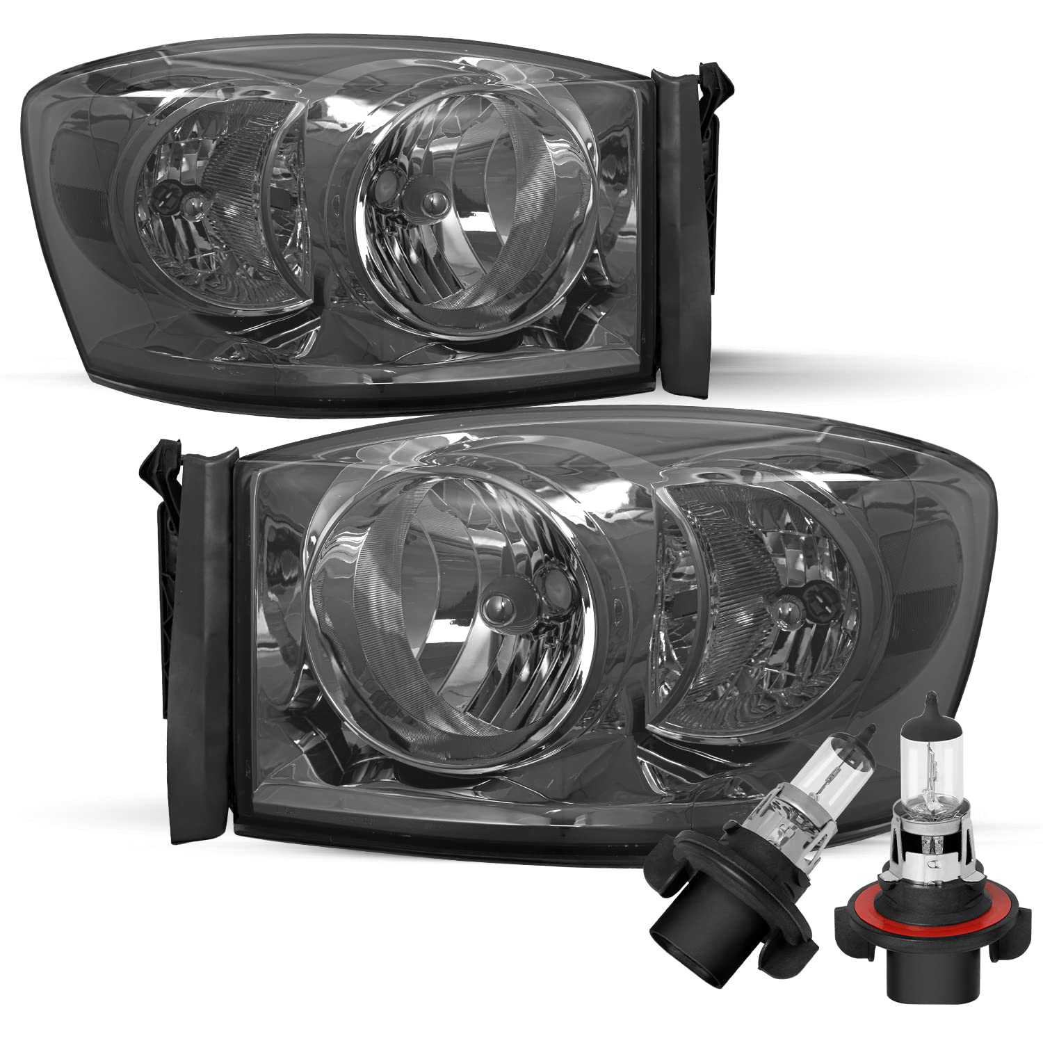 Aosky Headlight Assembly for 2006-2009 Dodge Ram 1500/2500/3500 - Clear Reflector with Smoke Lens (Bulbs Included) | Replacement Headlights for Improved Night Visibility & Off-Road Driving