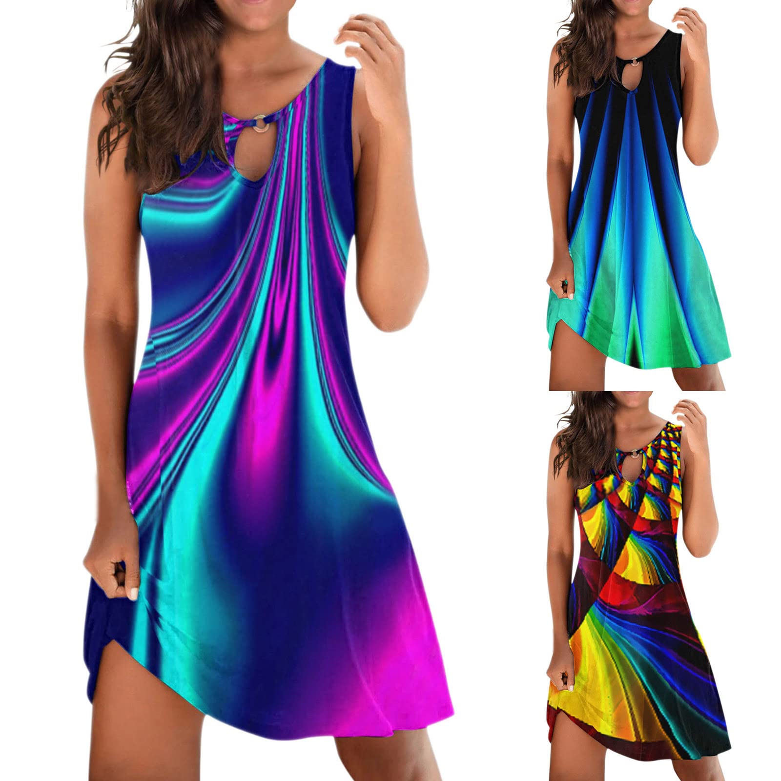 Women's Floral Print Summer Short Dress - Spaghetti Strap Tank Dress with V-Neck for Beach, Vacation & Casual Wear
