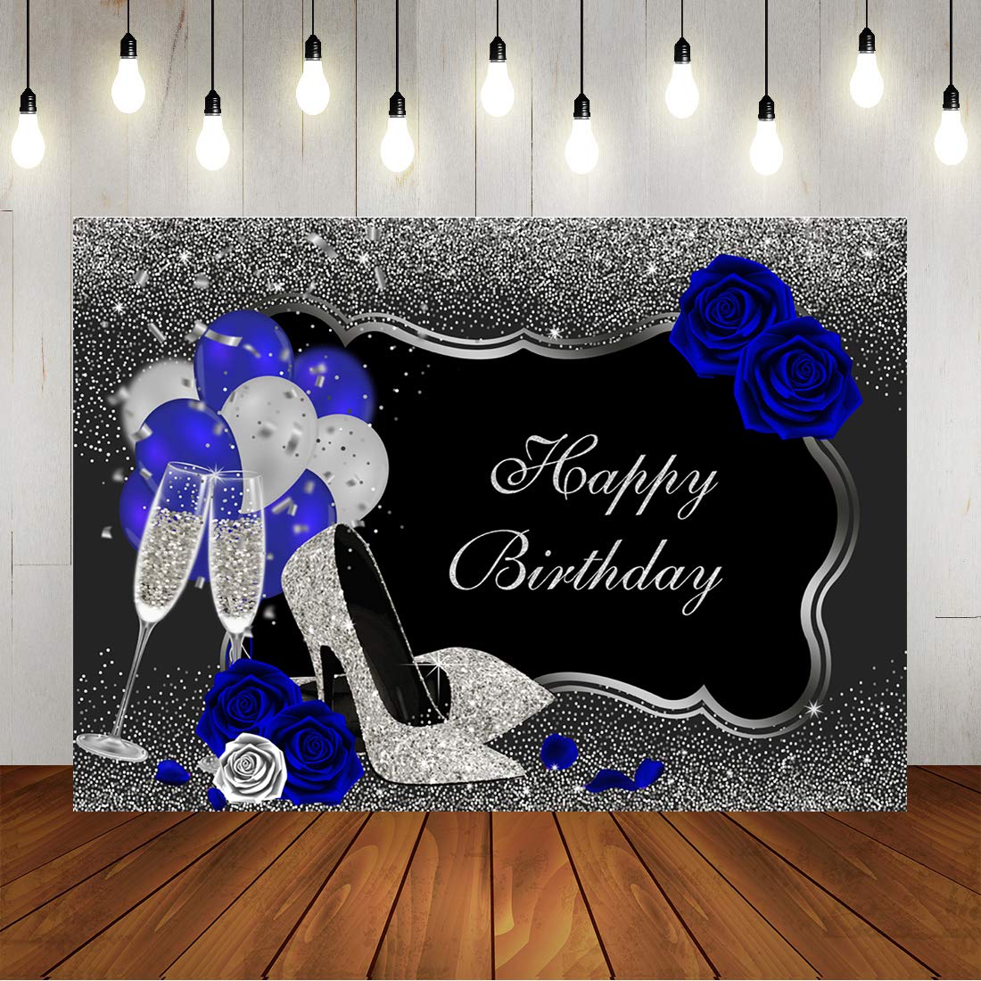 Glitter Silver & Black Birthday Party Backdrop with Blue Rose High Heels & Champagne Glasses - 7x5ft Elegant Background for Adult Women's Birthday Decor, Cake Table Supplies - Perfect for Birthday Parties, Bridal Showers & Anniversary Celebrations
