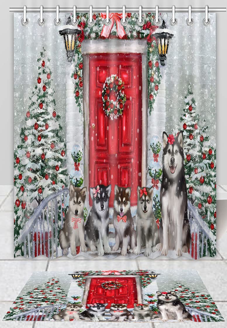 Alaskan Malamute Dog Shower Curtain & Bath Mat Set - Christmas Holiday Welcome Bathroom Decor, Anti-Slip Plush Rug & 72x72 Inch Polyester Bathtub Curtain with Hooks (16x28 Inch Mat) - Perfect for Pet Lovers' Bathroom, Dog-Themed Home Decor