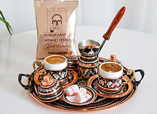 Authentic Turkish Copper Coffee Set for 2 - Handcrafted Arabic Greek Coffee Serving Tray with Pure Copper Espresso Cups - Perfect for Home Brewing, Gift Giving & Traditional Coffee Ceremonies