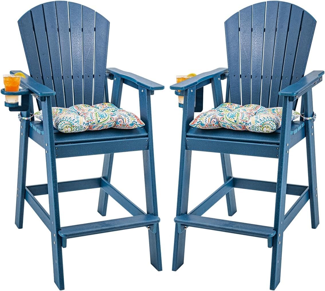 Sundale Outdoor Adirondack Bar Chairs Set of 2 - 30 Inch HDPE Patio Bar Stools with Backrest & Cushion - All-Weather Bistro Tall Dining Counter Barstools in Navy Blue - Perfect for Backyard, Deck, Poolside & Pub Outdoor Seating