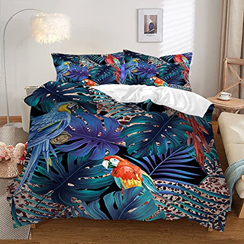 Tropical Palm Leaf Parrot Leopard Print Bedding Set - Duvet Cover & Pillowcases (Full Size, Comforter Not Included) for Beach House, Jungle Theme Bedroom or Boho Chic Decor