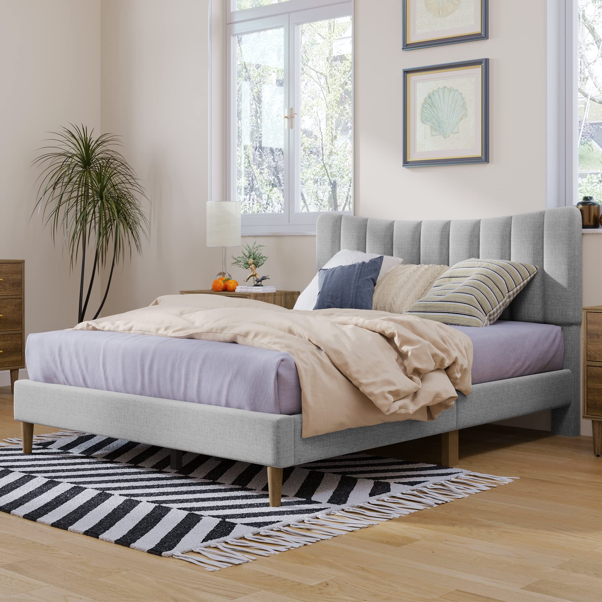 Melpomene Full Upholstered Platform Bed Frame with Vertical Channel Tufted Linen Headboard - No Box Spring Needed, Gray - Modern Bedroom Furniture for Master & Guest Rooms