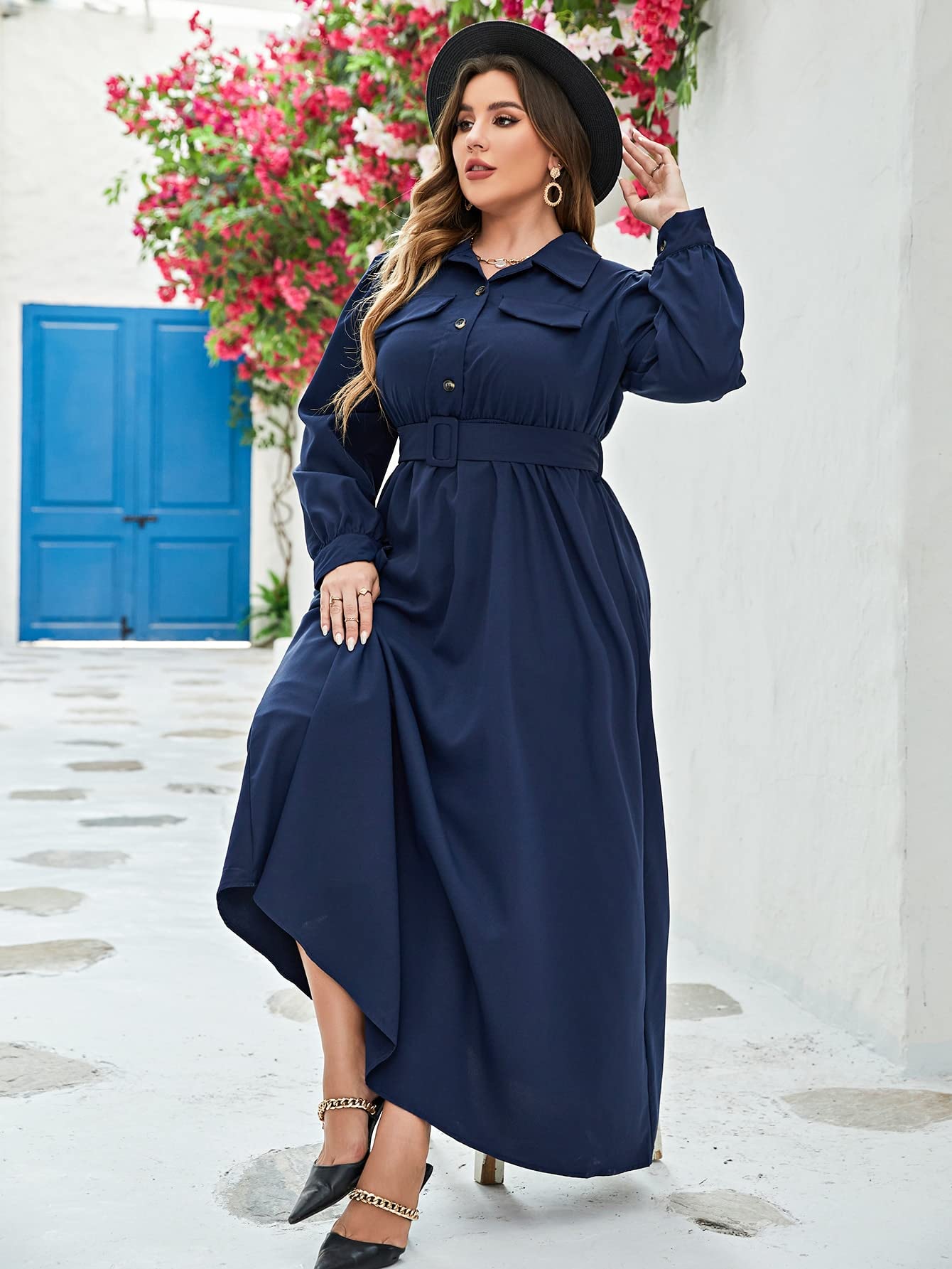 Plus Size Women's Elegant Long Sleeve Belted Dress with Solid Flap Detail - Navy Blue X-Large | Perfect for Office Wear, Parties & Special Occasions