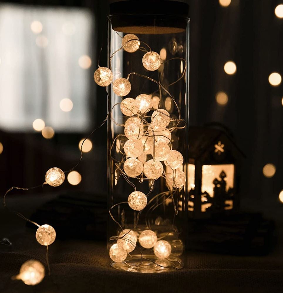 White Crackled Mini Globe String Lights - 20ft 50 LED Fairy Lights for Bedroom, Wedding, Party Decor - Indoor & Outdoor Waterproof Christmas Lights