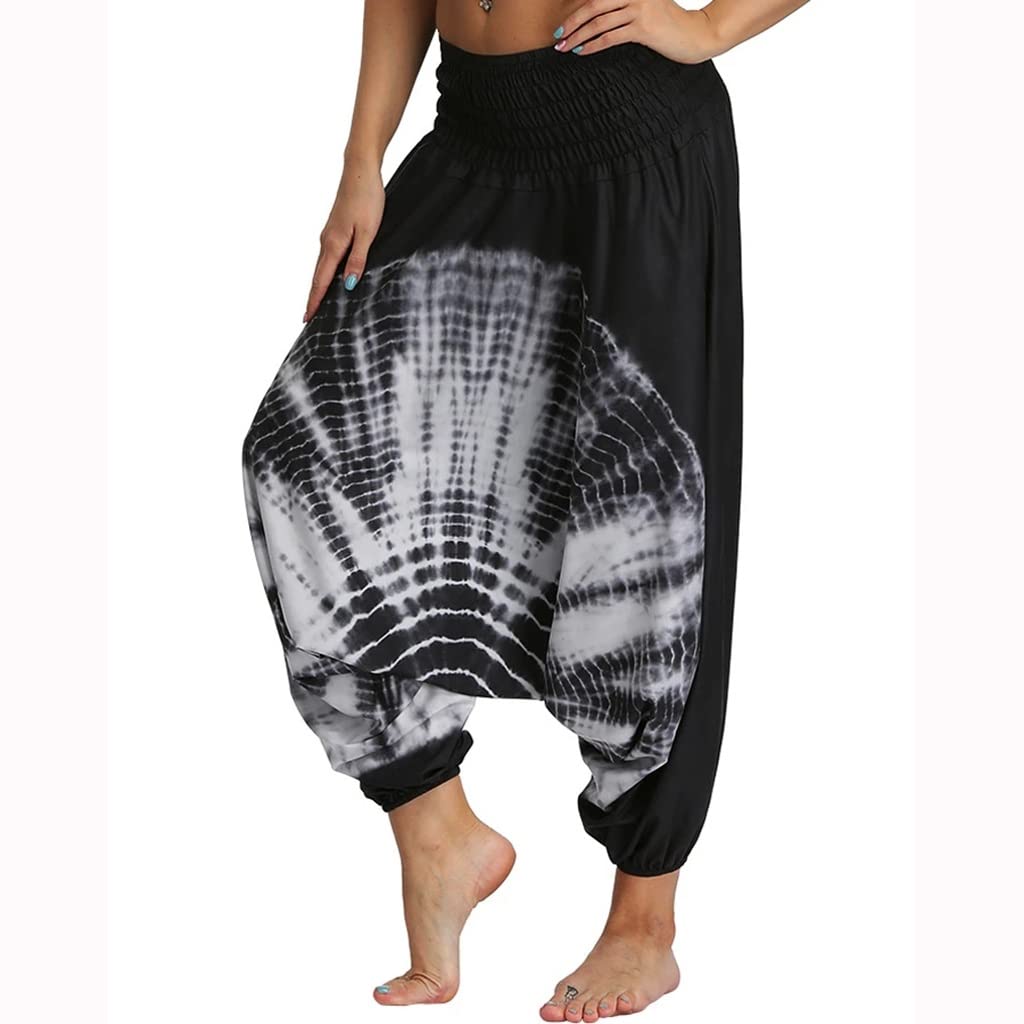 Boho Women's Loose Harem Yoga Pants - Hippie Palazzo Casual Aladdin Pants for Beach, Yoga & Lounge Wear - Comfortable Stretchy Genie Pants for Women's Sports & Relaxation